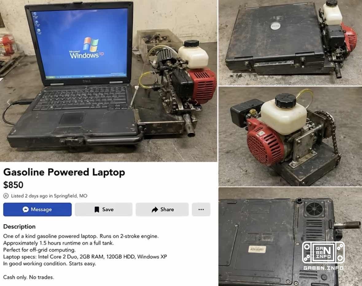 Peak ecopunk: dude shits on laptop... gasoline generator For some reason, the modern DELL laptop stopped holding a charg...
