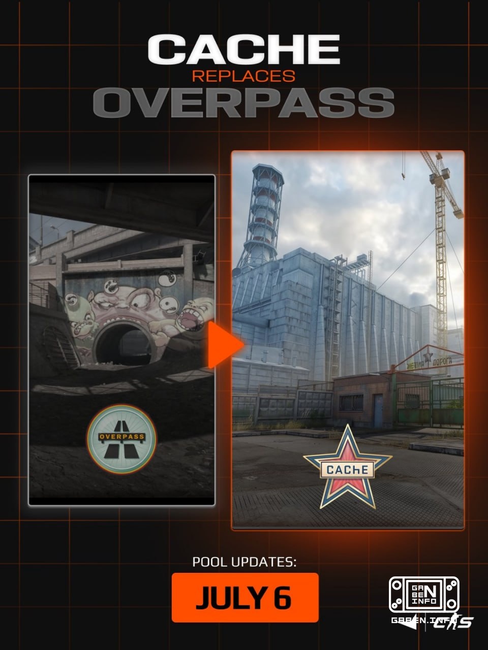 ✔️Cache появится в матчмейкинге FACEIT Карту добавят 6 июля. Она заменит Overpass. Хотели бы, чтобы Cache появился в мап...