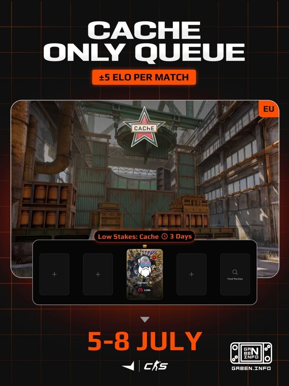 FACEIT запустили новый режим, в котором доступен только Cache. Этот режим будет доступен на европейских серверах до 8 ию...