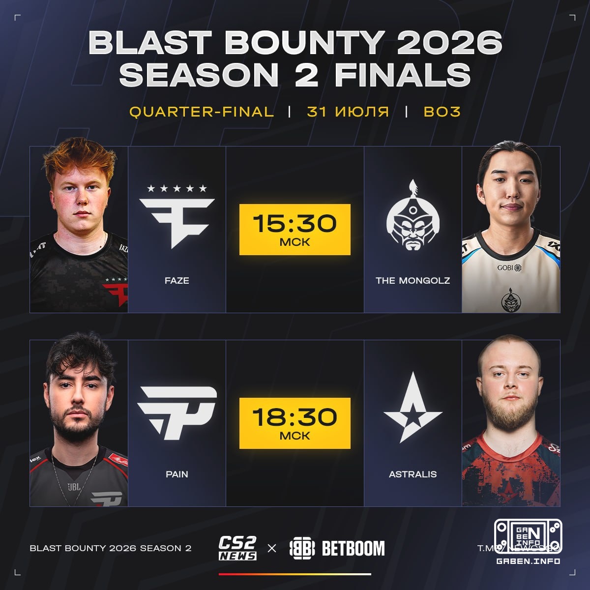 On the agenda we have the second half of the quarterfinals BLAST Bounty 2026 Season 2. 😍 BETBOOM give a free bonus of up...