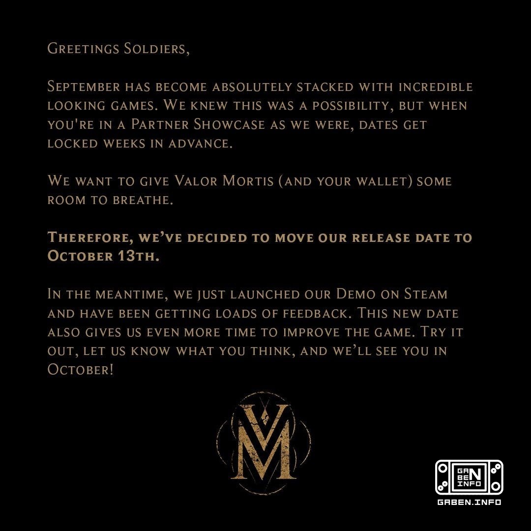 Valor Mortis는 9월 24일에서 10월 13일로 연기되었습니다. 앞서 언급한 이유는 9월에 비디오 게임 자살을 원하지 않았기 때문입니다.