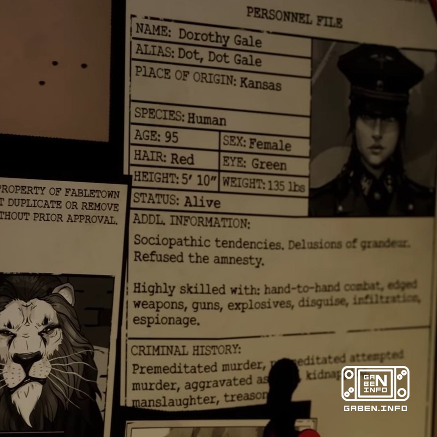 Dossier Dorothy Gale z The Wolf Among Us 2. • Imię i nazwisko: Dorota Gale • Pseudonimy: Kropka, Kropka Gale • Miejsce p...