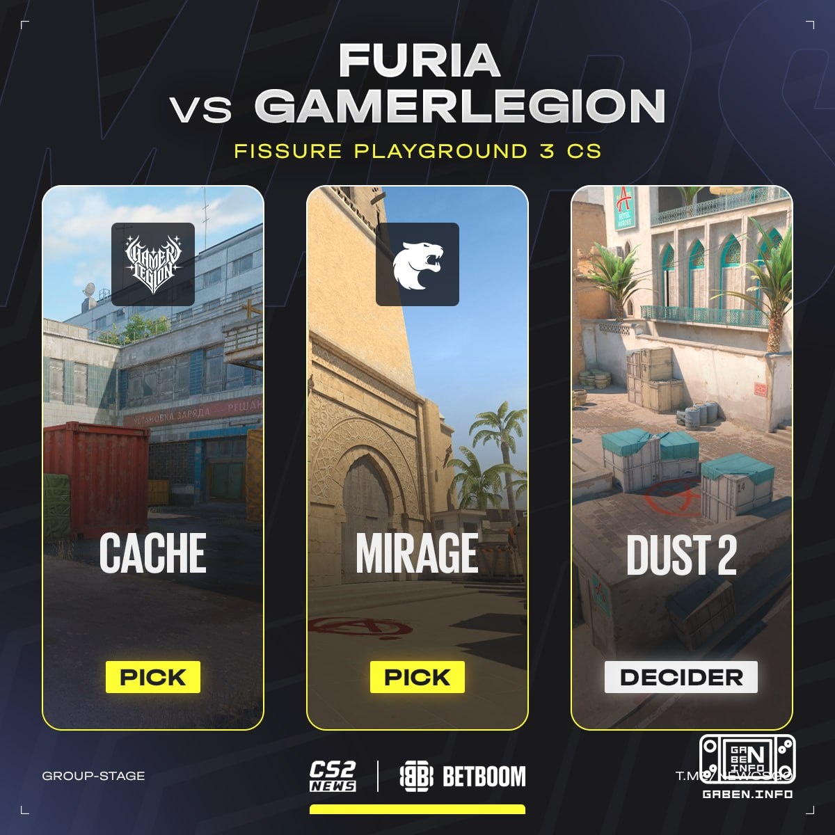 FURIA, der absolute Favorit des Treffens, beginnt das Spiel auf der Karte Cache. 👍 FURIA 🔥 GamerLegion