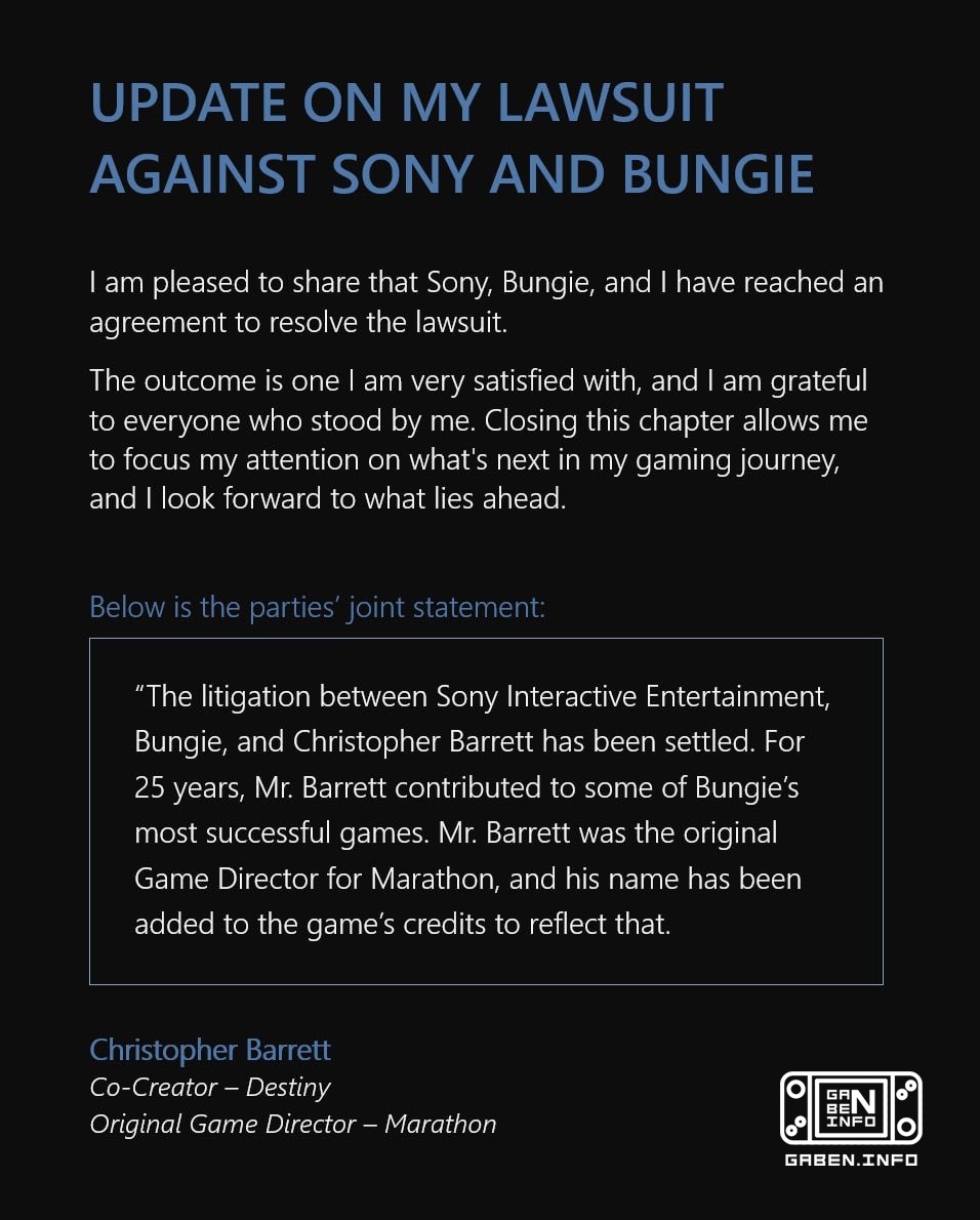 Судебное дело Кристофера Баретта с Sony и Bungie подошло к концу Геймдиректора Marathon добавили в титры игры и в целом ...