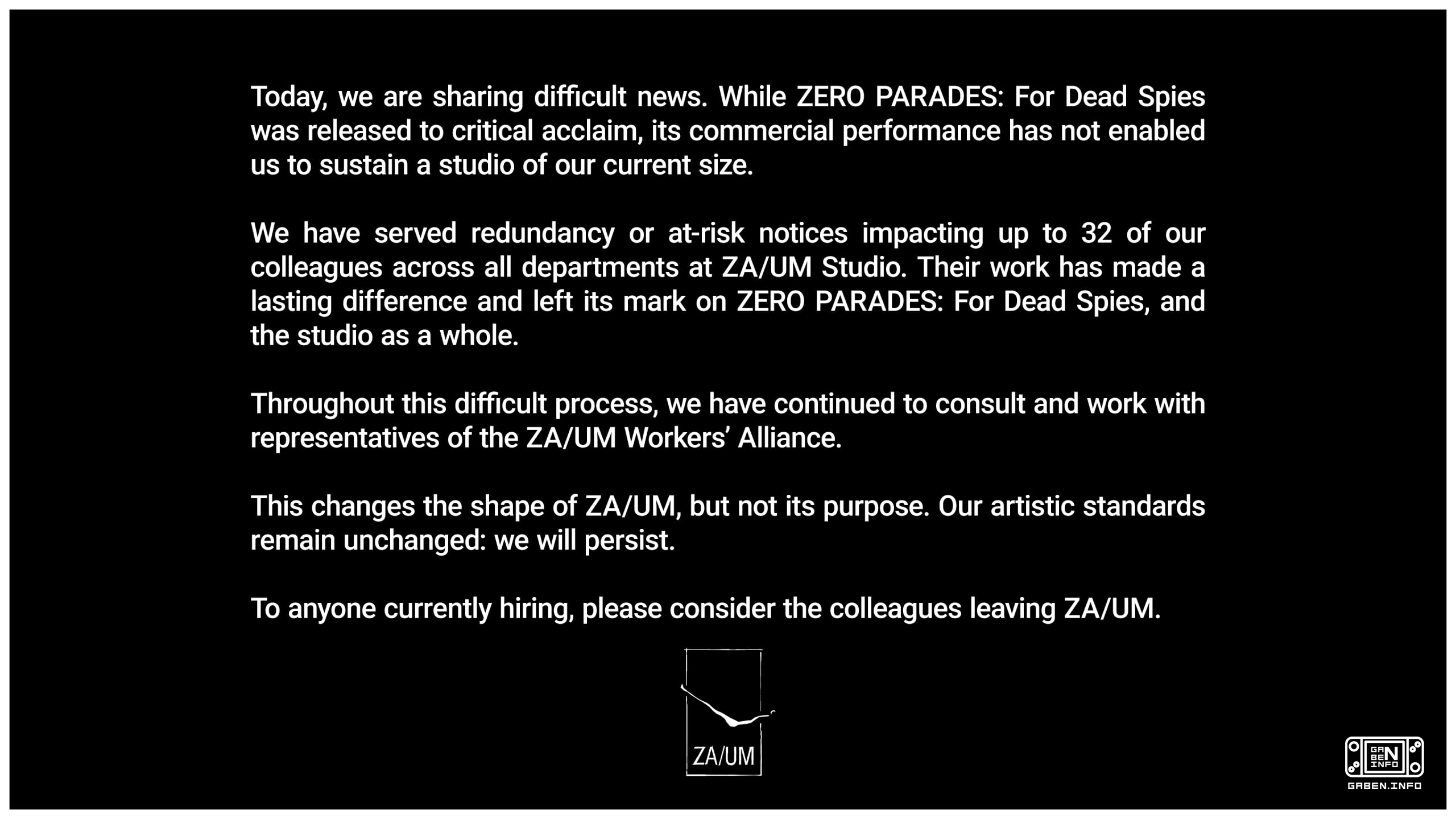 B R U H: Zero Parades ล้มเหลวในการขายและ ZA/UM ไล่พนักงานออก 32 คน ตามบริบท สตูดิโอจ้างงานประมาณ 80 คน ดังนั้นเราจึงสรุป...