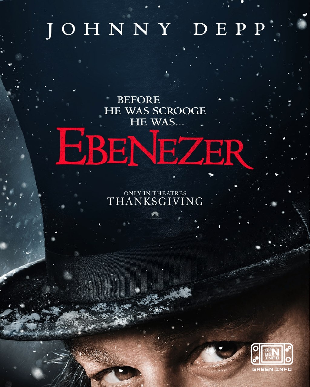 Johnny Depp sulla prima locandina di Ebenezer, un film basato su A Christmas Carol di Charles Dickens.L'adattamento cine...