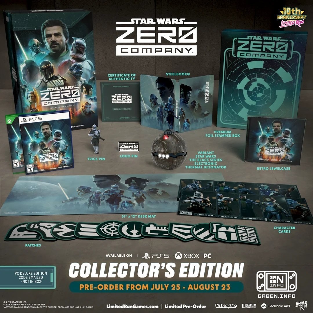 《星球大战零连》将从 Limited Run Games 获得实体版和收藏版。花 300 美元购买该收藏品将获得一个非常酷的克隆人手榴弹、一张带有钢盒的光盘、一枚带有克隆人和徽标的别针、一张桌垫、补丁、英雄卡和一个用于存放 2000 年代光...