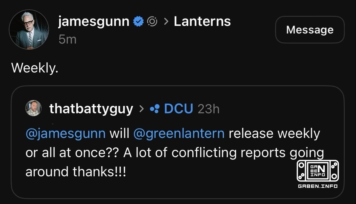 James Gunn has confirmed that "The Lanterns" will air once a week. ️️️️️️️️️️️️️️️️️️️️️️️️️️️️️️️️