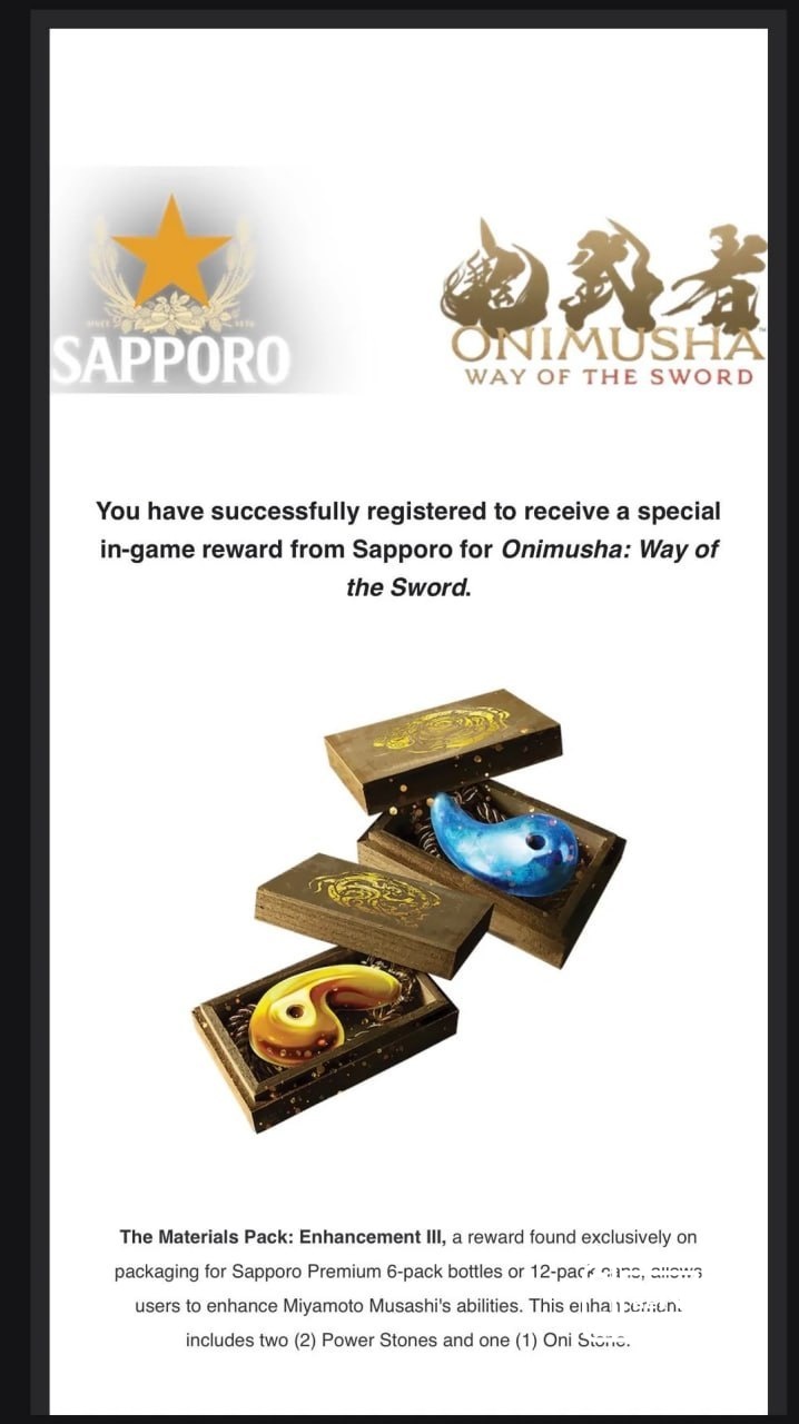 Onimusha: Way of the Sword obtiene de repente una colla de cerveza Sapporo junto con los paquetes de 6 y 12 botellas va ...