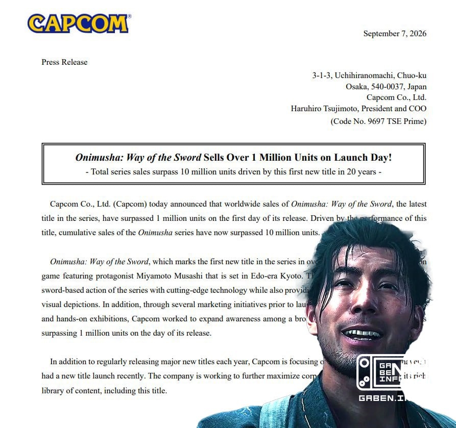 Onimusha: Way of the Sword se vendió en más de un millón de copias el día de su lanzamiento, según un comunicado de pren...