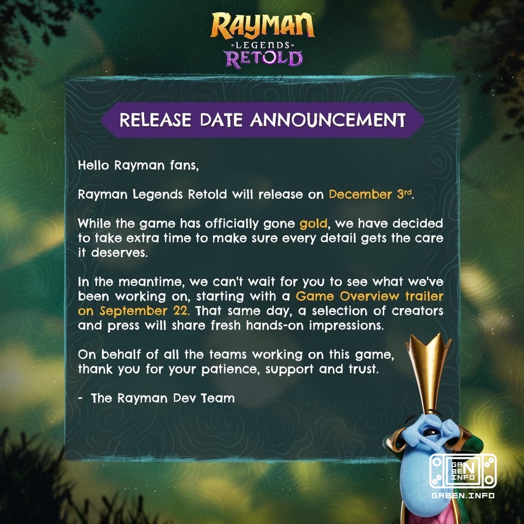 核转:Rayman Legends Retold将于10月1日推迟到12月3日 开发人员表示,游戏已经进入黄金市场,但他们将花更多时间进行完整的抛光.
