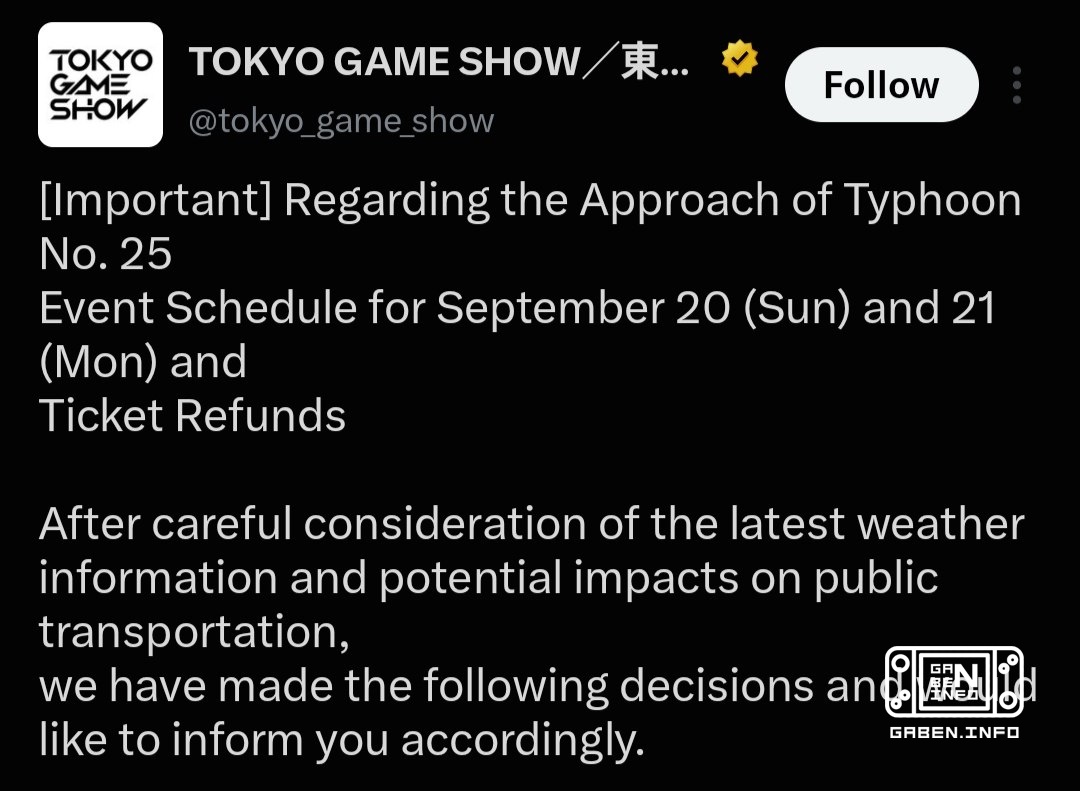 Tokyo Game Show will not be held on September 21 due to the threat of Typhoon Event organizers announce that they are be...
