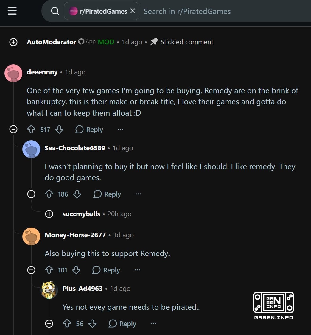 在PirateGames上,海盗们将支持Remedy,并购买Control Resonant. 许多人继续海盗,但许多用户表示他们愿意拿出Remedy的钱来继续做他们的疯狂项目.