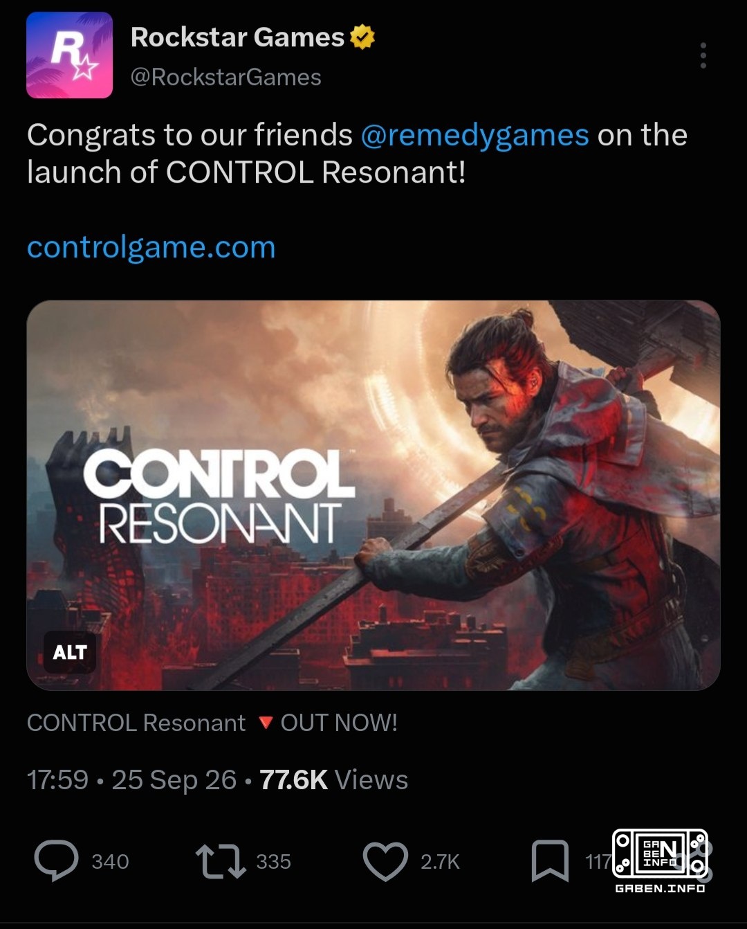 Rockstar gratuluje Remedy z wydaniem Control Resonant. Pamiętajmy, że Rockstar i Remedy wspólnie przygotowują remake Max...