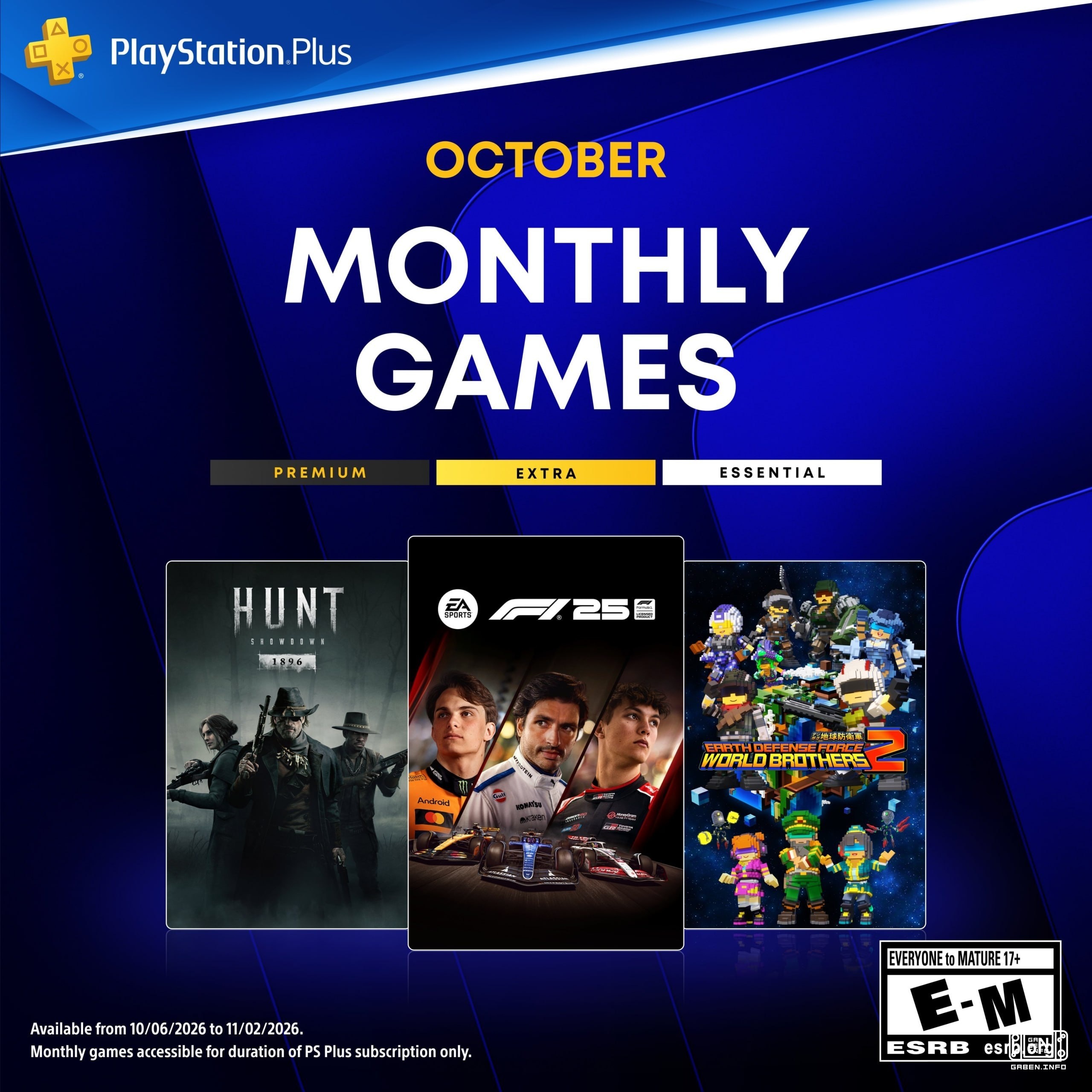 PS Plus将于10月6日起发行最便宜的注册游戏 获取: • F1 25 • Earth Defence Force: World Brothers 2 • Hunt: Showdown 1896