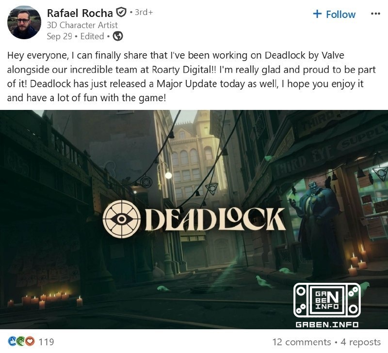 Rorarity Digital is working with Valve on Deadlock 3D artist Raphael Rocha revealed this on LinkedIn, sharing that his t...