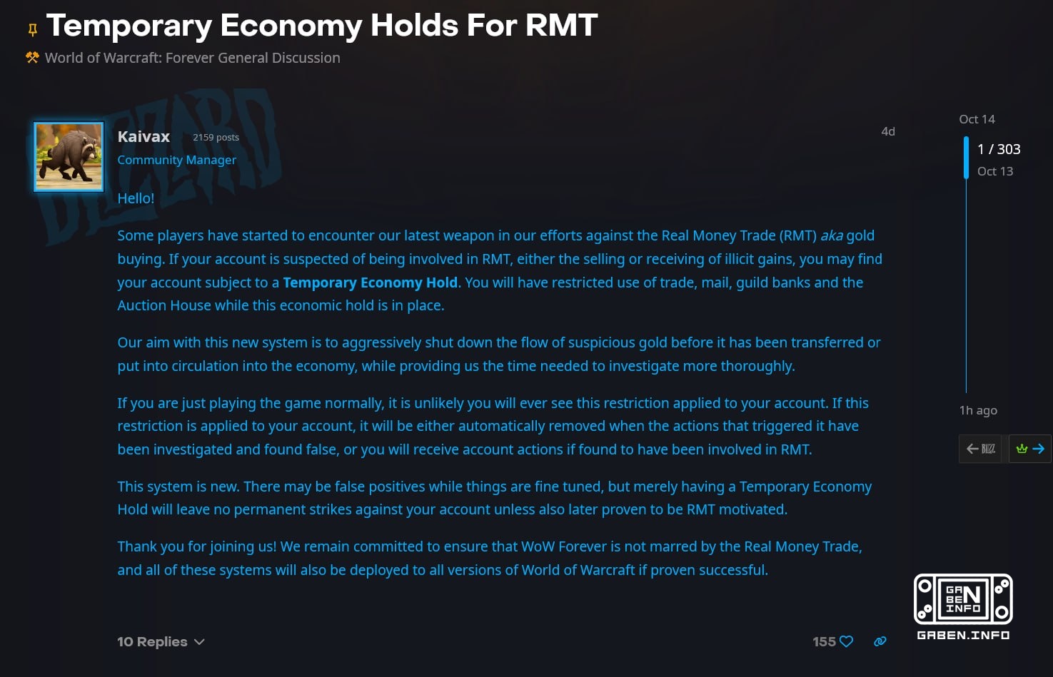 Blizzard has begun punishing them for the MMT already in the WoW: Forever beta . The IMO added a Temporary Economy Hold ...
