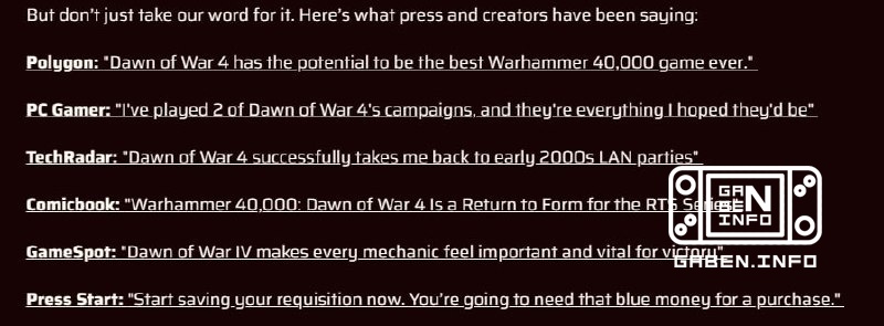 报道者对Dawn of War IV的热情 Dawn of War IV的开发者对世界进程的热烈回应表示赞扬. Polygon: Dawn of War 4有可能成为历史上最好的Warhammer 40,000游戏. PC Gamer: 我...