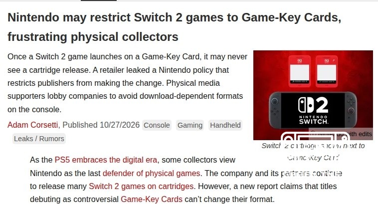 Nintendo seems to be banning publishers from releasing games for the Switch 2 on full-size cartridges if they were origi...