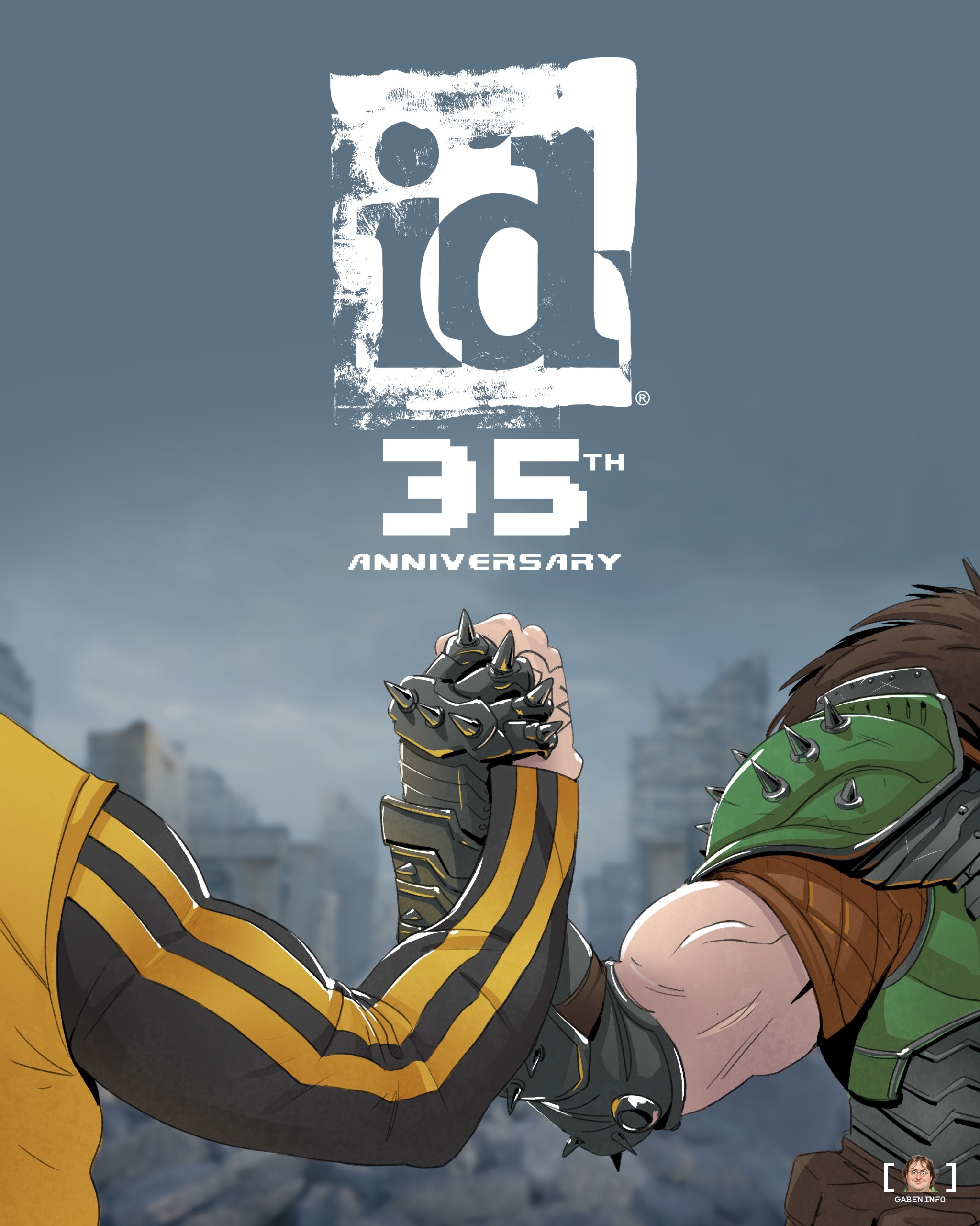 MachineGames congratulates id Software on its 35th anniversary The card shows a pure masculine handshake between two dis...