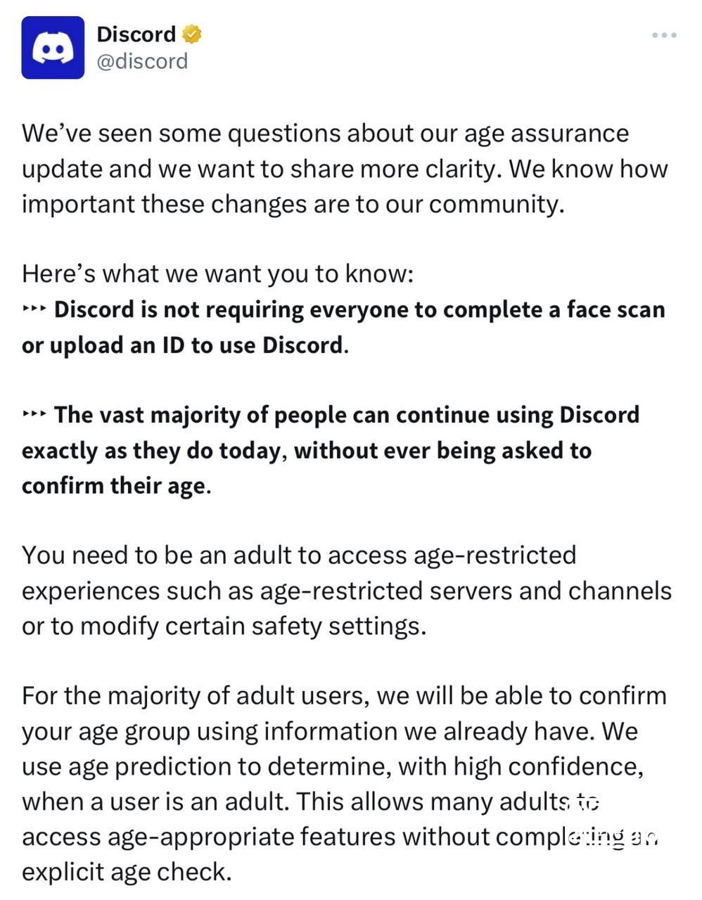Discord partially backed down on the issue of forced age verification.The service's official account stated that it will...