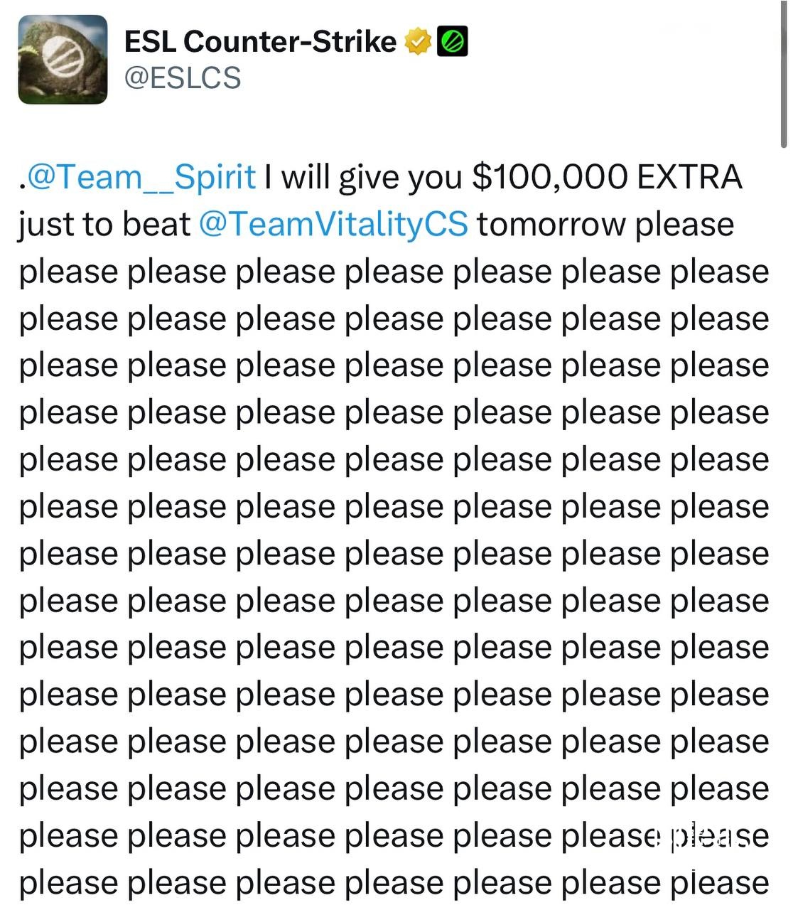 🇷🇺 Spirit only needs to win 🇫🇷 Vitality to get an additional $100 thousand.🙏 When, if not now?