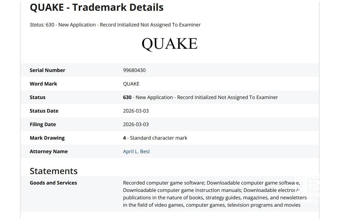 ZeniMax Media has registered a new trademark for Quake It doesn't mean much, but Quake is still around!
