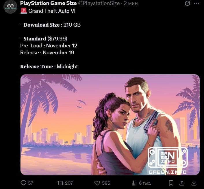 BREAKING: GTA VI будет весить 210 ГБ на PlayStation 5 Предзагрузка уже 12 ноября!