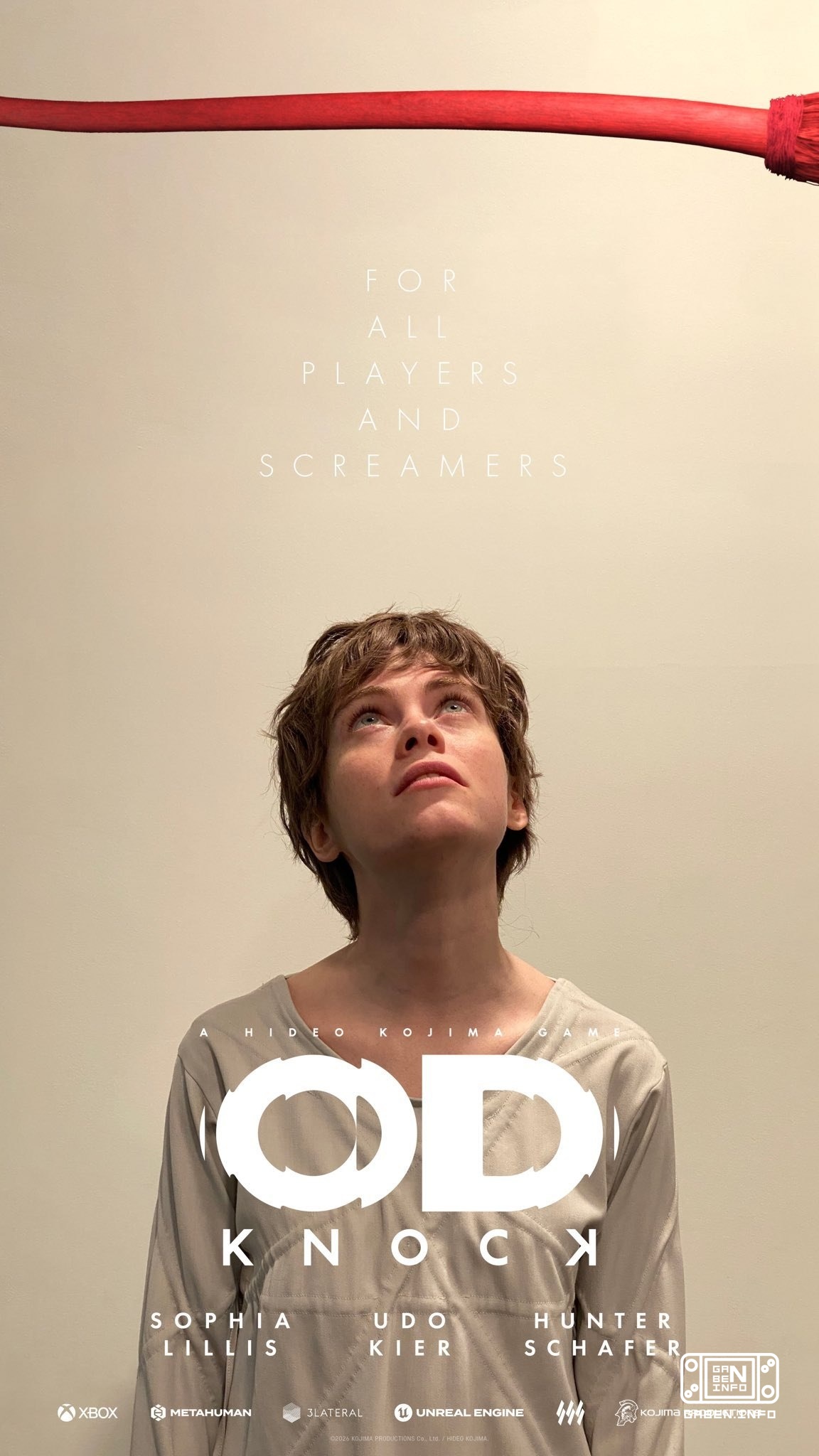 Kojima shared a new OD: Knock poster. It features a redheaded woman looking up at the red cable and a slogan: